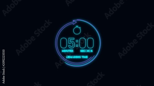 Neon Digital Countdown Timer - 5 Minutes Remaining on Black Background