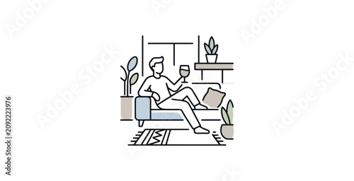 Photos Minimalist Man Relaxing on Sofa with Wine Vector Illustration