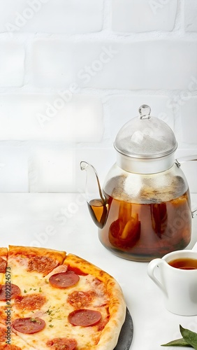 Delicious Italian pizza with steaming tea on elegant restaurant table Vertical composition crafted for pizzeria business advertising social media branding promotional graphics