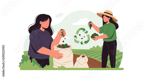 Sustainable Farming: Women Composting with Recycling Symbol