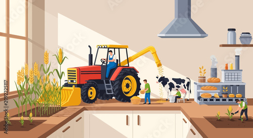 Urban Farming Concept: Tractor Harvesting Crops in a Kitchen with Cow and Factory
