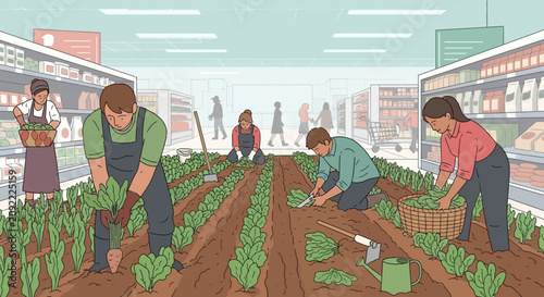 Urban farming in supermarket aisles, people harvesting fresh produce