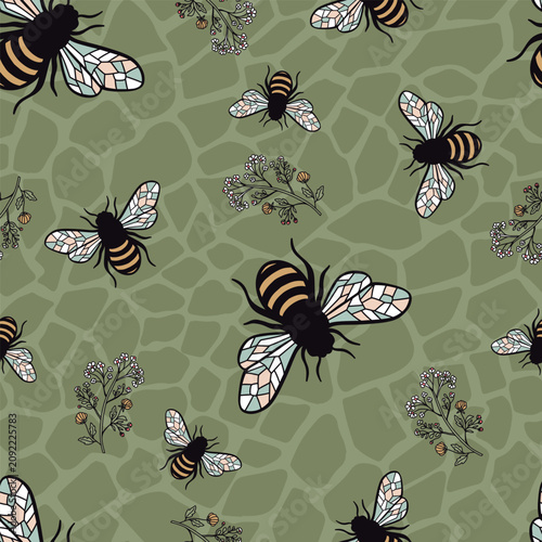 Honey Bees and Floral Branches Vector Seamless Pattern