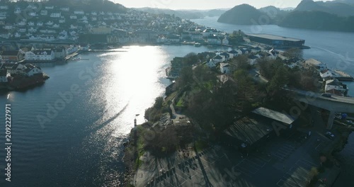 Aerial view of Farsund coastal town Norway with waterfront in slow motion