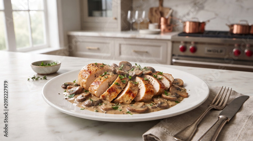 Sliced Roasted Chicken with Creamy Mushrooms on White Plate Gourmet Dinner