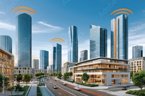 Modern smart city skyline with digital safety signals over glass skyscrapers and urban business district