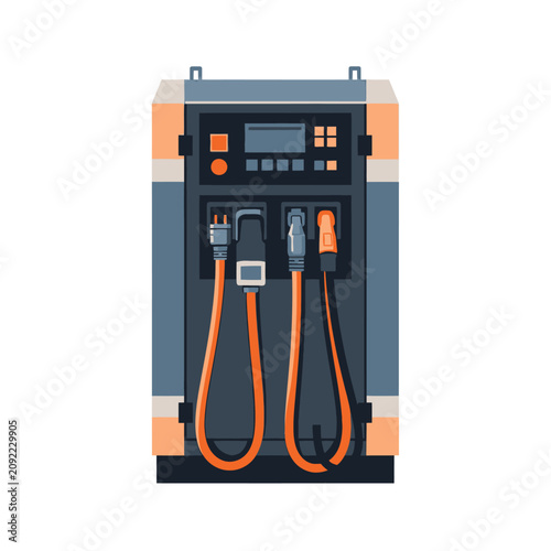 A vertical electric vehicle charging station with four pluggedin charging cables on a white background