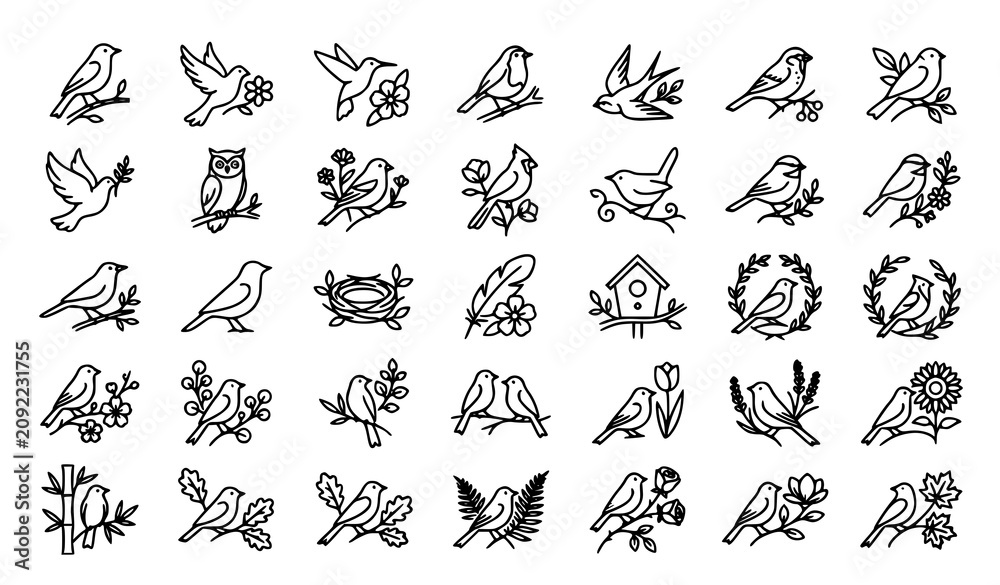 Fototapeta premium Black and white bird illustrations with flowers and leaves