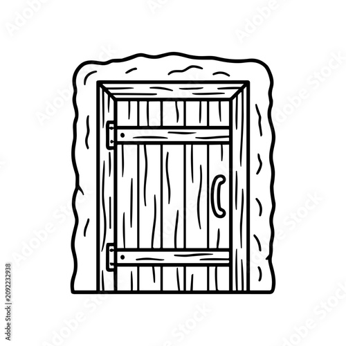 Wooden door with metal hardware closeup.