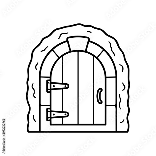 Old wooden door with stone arch.