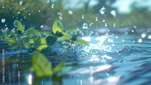 water splashes with menthol or mint leaves