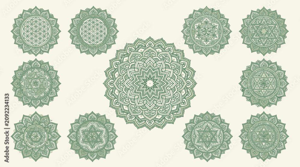 Fototapeta premium Intricate green mandalas arranged on a light background. Sacred geometry collection.