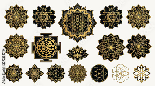 Sacred Geometry Symbols Collection: Gold Mandalas, Flower of Life, Sri Yantra
