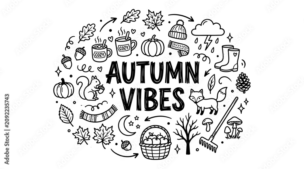 Fototapeta premium Autumn Vibes Seasonal Elements in Black and White Hand Drawn Doodle Style