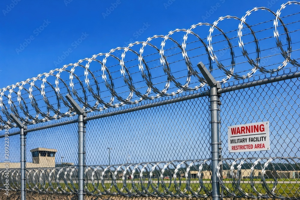 Fototapeta premium Barbed wire fence with a warning sign, cautioning of potential danger or restricted access