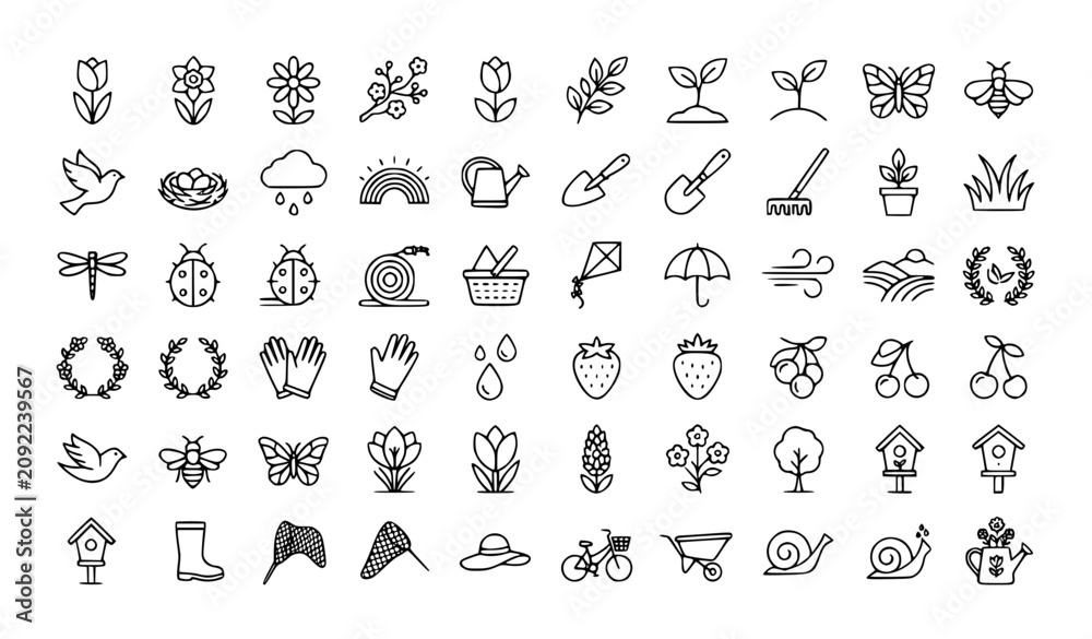 Obraz premium Spring Season Linear Icons Set Nature Floral and Garden Outline Vector Collection