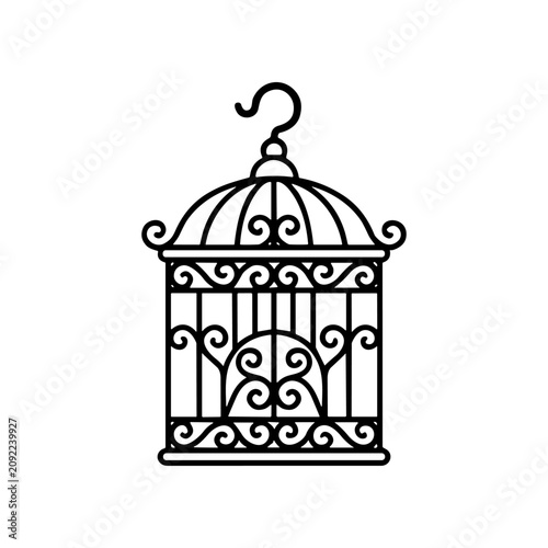 Fotografía Black and white ornate birdcage illustration.
