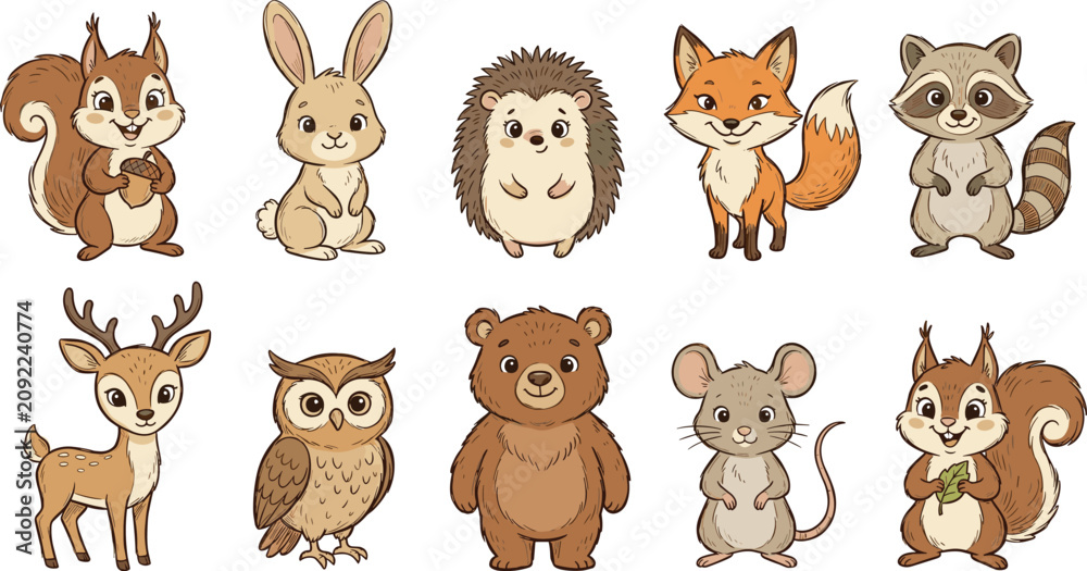 Naklejka premium Cute Cartoon Forest Animal Set with Squirrel, Rabbit, Hedgehog, Fox, Raccoon, Deer, Owl, Bear, and Mouse Vector Design