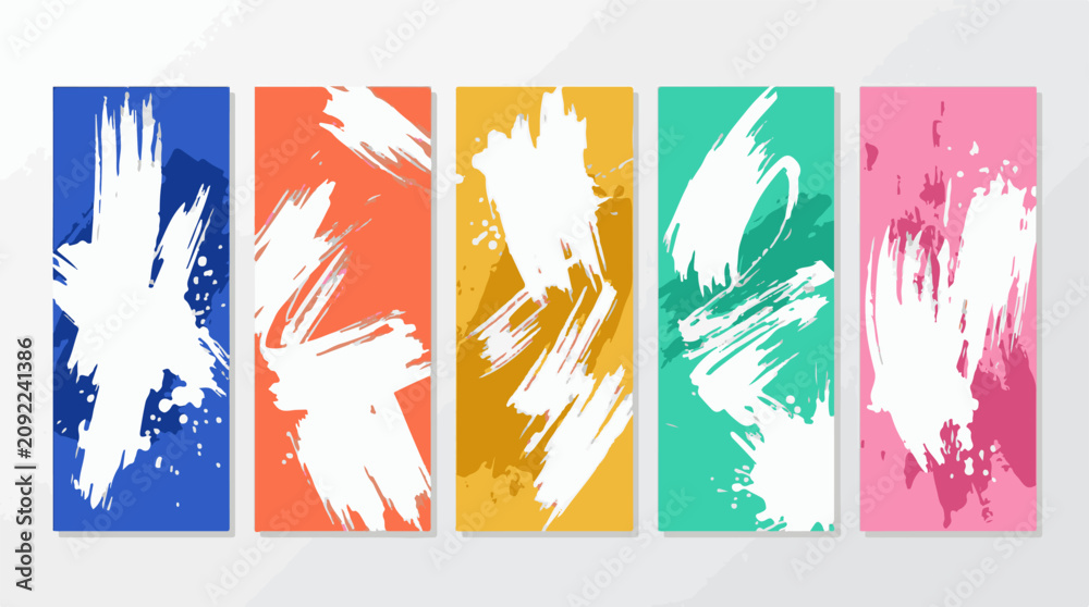 Fototapeta premium Colorful Abstract Brush Stroke Banner Set, Modern Artistic Paint Splatter Backgrounds, Dynamic Ink Texture Vertical Templates for Social Media