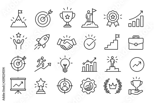 This is a vector icon set featuring an outline style, comprising icons related to success, goal achievement, victory, business, and growth