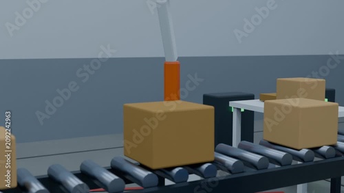 Conveyor moving cardboard boxes left, orange white robotic arm rotating down for sorting in factory