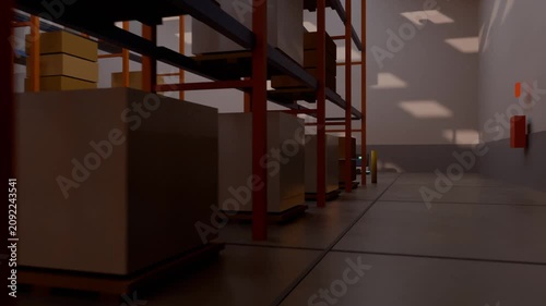 Starting camera gliding down storage aisle, revealing pallets, AGVs, conveyor for inspection