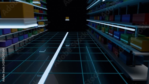 Following white line autonomous robot carrying yellow box down warehouse aisle to restock shelves