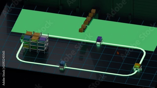 Leaving four robots on signal circling neon loop, picking box for shelves and platform service