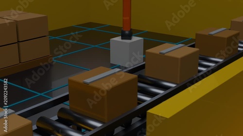 Moving conveyor carrying strapped boxes in plant, area clearing, module marking orange spot on grid