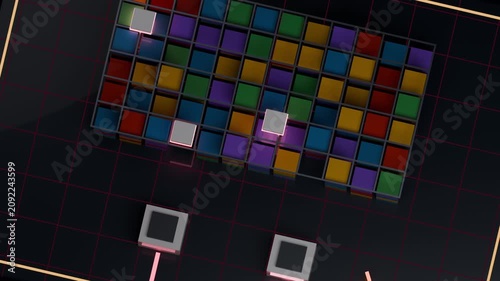 Hopping hover cubes triggered by glowing pads, traversing tile matrix on dark base, pulsing tiles