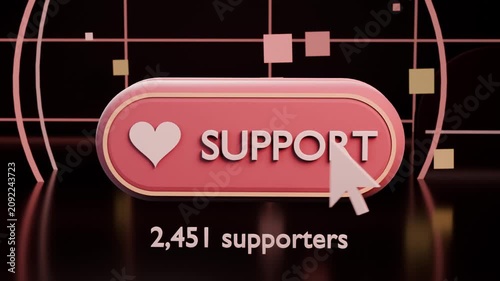 Clicking arrow creating ripple on SUPPORT button, adding 1 to counter and moving particles on stage