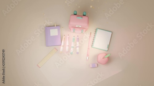 Glowing light causing pastel set forming on warm backdrop, showing pink backpack, golden sparkles