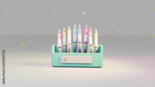 Appearing near horizon, scaling mint box settling in studio, revealing pastel pencils and stars