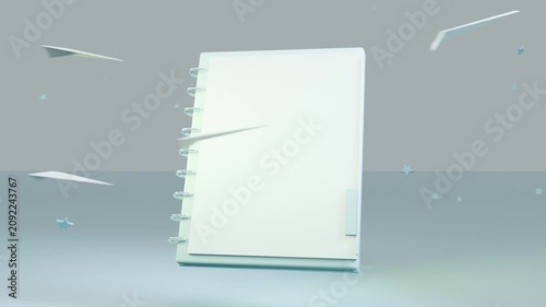 Expanding white square unfolding into spiral notebook in studio tilting, rotating amid paper planes