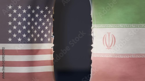 Center darkening appearing, US and Iran flags ripping open over studio graphic, exposing black void