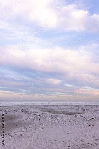 Sandy shoreline revealing shallow tidal pools and scattered seaweed at low tide, pastel sky glowing