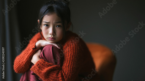 Young asian girl feeling lonely and suffering from mental health issues. Sitting curled up and looking at viewer with a melancholic expression against a dark background, copy space