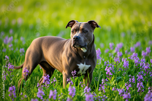 Muscular Pit Bull stands alert in vibrant green meadow dotted with purple wildflowers. Dog strong, well-built breed with brown coat, white chest marking. Looks off to side, surveying surroundings.
