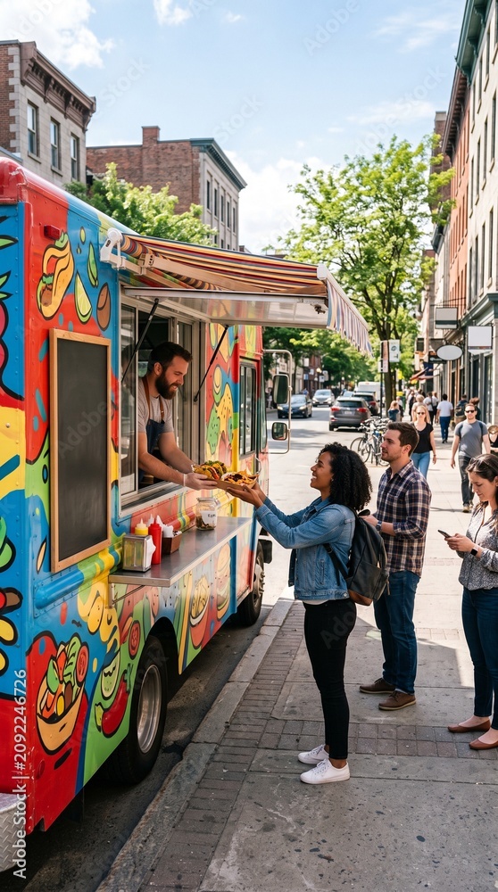 Obraz premium Woman buying food from a colorful food truck on a city street