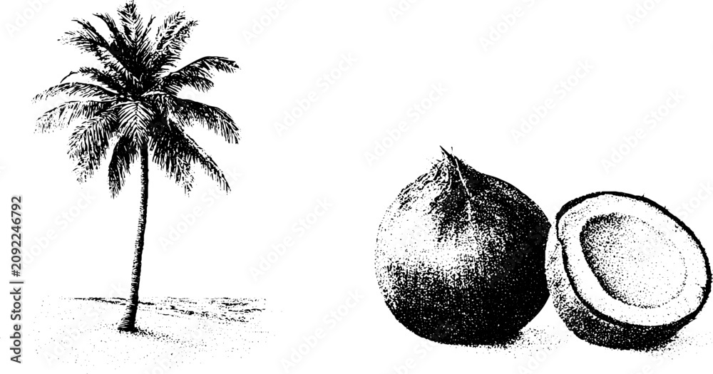 Obraz premium Black and white stipple coconut palm tree with halved coconut composition for tropical background and decorative design