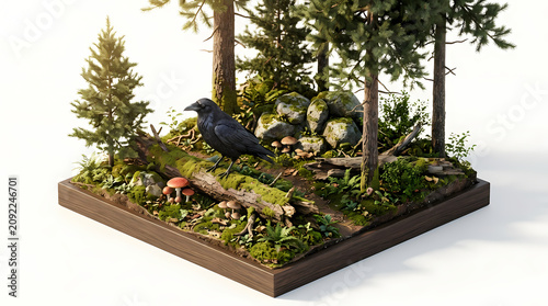 Obraz na płótnie Miniature forest diorama with raven and detailed natural elements