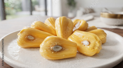 Close-up of ripe jackfruit pods neatly arranged on a white plate in a bright modern setting