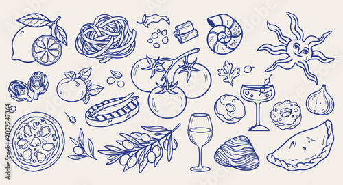 Mediterranean Italian food doodle background, traditional cuisine line art pattern, fresh ingredients sketch illustration, gourmet restaurant seamless texture, pasta tomato icon set, regional travel e
