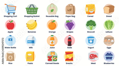 A comprehensive collection of grocery items and shopping essentials depicted as colorful icons.