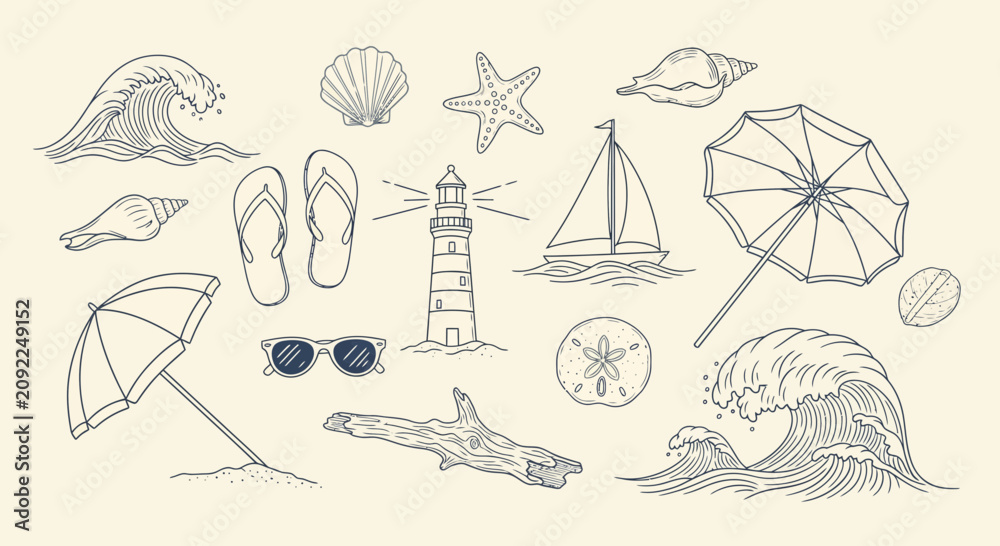 Fototapeta premium Summer Beach Elements Collection: Seashells, Waves, Lighthouse, Boat, Umbrella, Glasses
