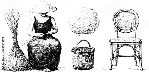 Traditional rattan weaver crafting cane chair seat and woven basket in black and white stippling for rustic background design