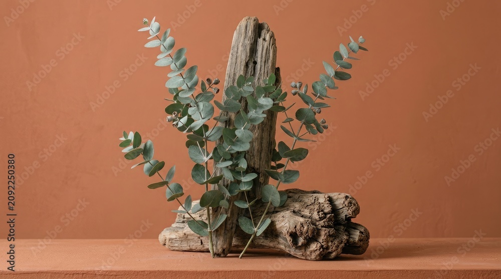 Fototapeta premium Eucalyptus branches on driftwood against terracotta background
