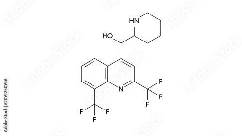 Fotografie mefloquine molecule, structural chemical formula, ball-and-stick model, isolated
