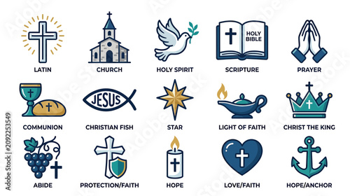 Tableau sur toile Christianity Symbols Icons Set: Cross, Church, Dove, Bible, Prayer, Communion, F