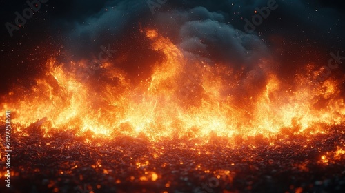 Intense Wall Of Fire With Glowing Embers And Dark Smoke Clouds At Night